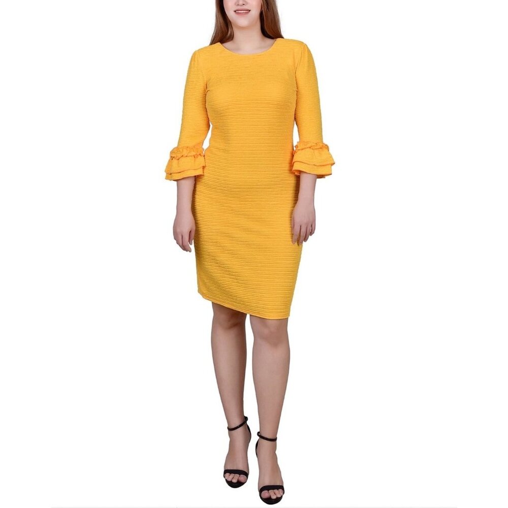 NY Collection Petite 3/4 Sleeve Textured Knit Dress Yellow Size PXL MSRP $58